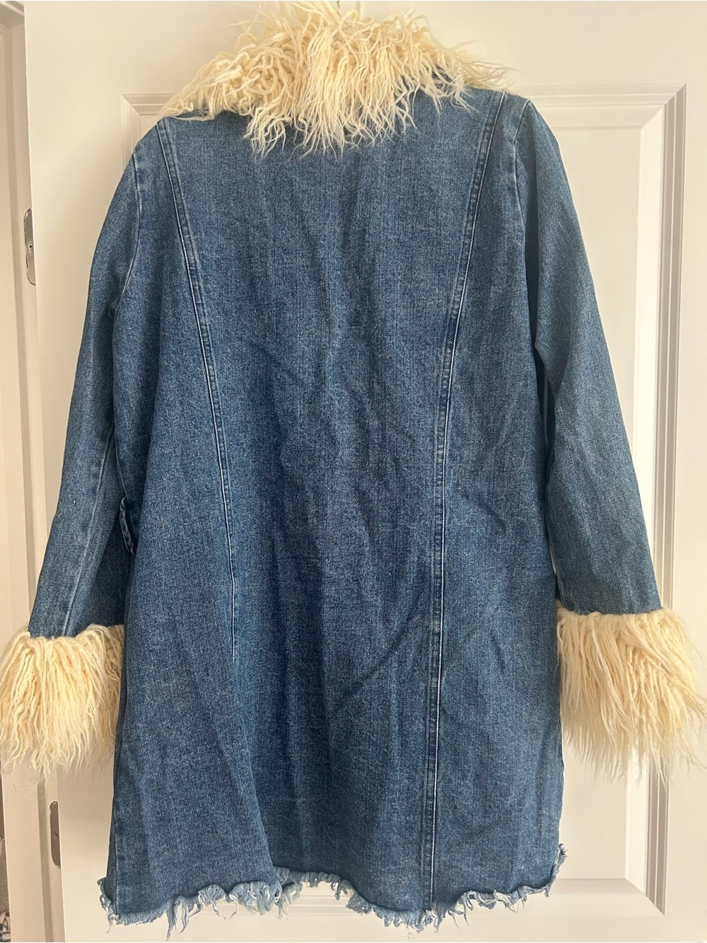 Show Me Your MuMu Blue Denim Coat with Cream Faux Fur Trim - Picture 6 of 7
